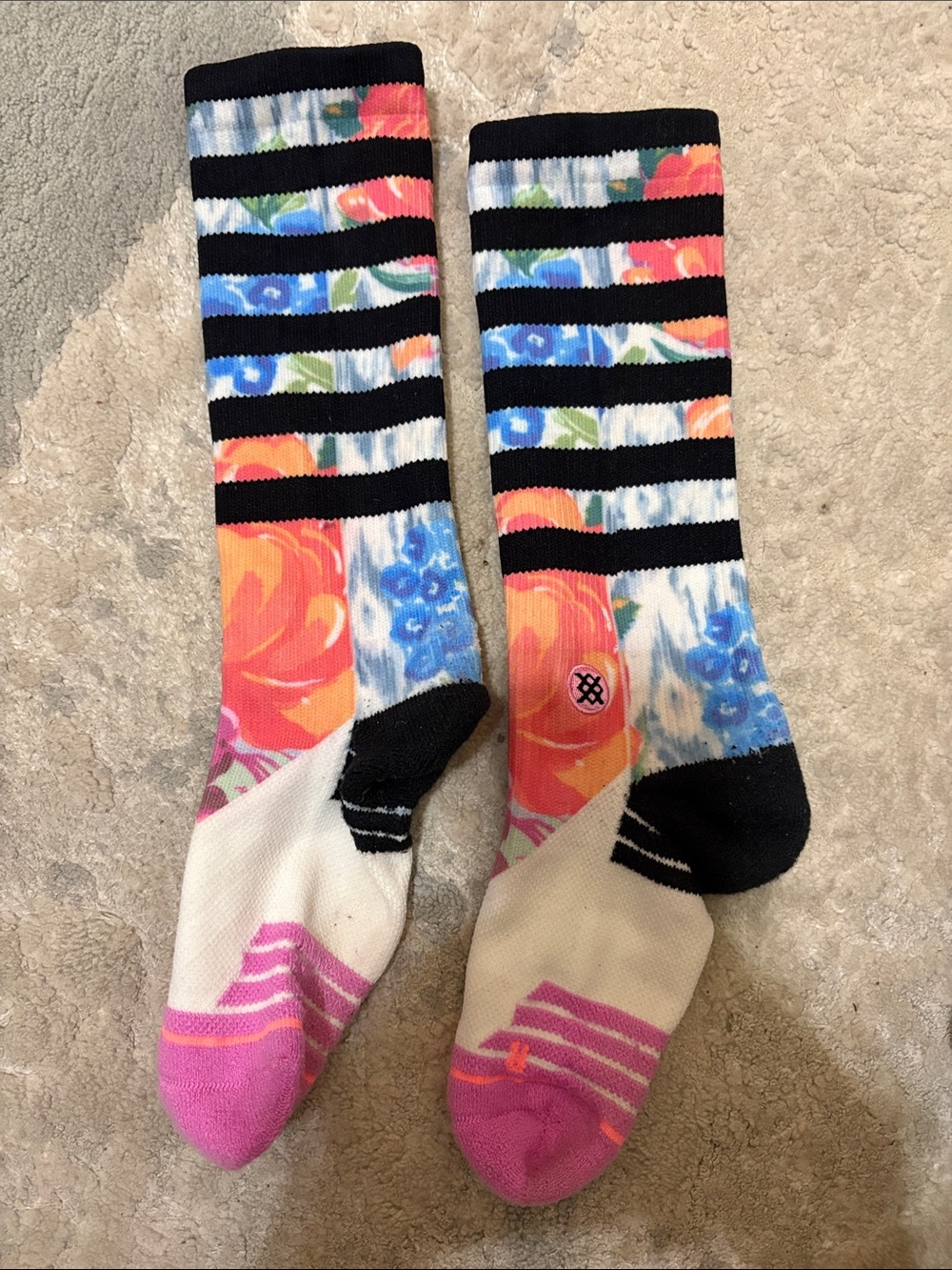 Stance Floral & Black Striped crew Socks with Pink Toes